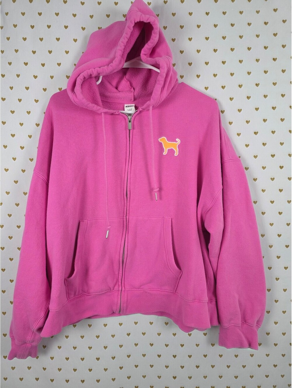 Victorias Secret Pink Embroidered Dog Full Zip Hoodie Jacket XL Oversized